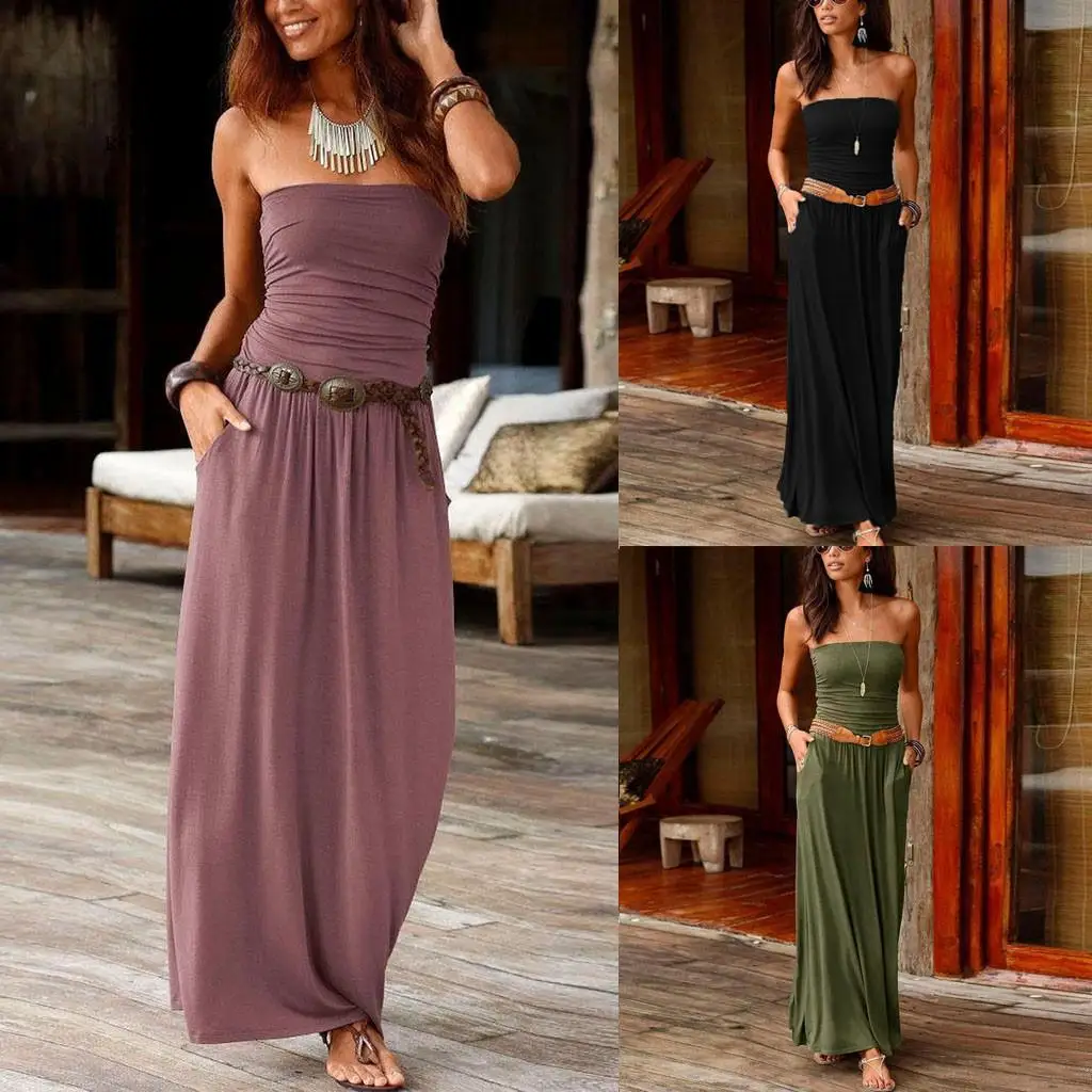 Tube Top Dress Womens Bandeau Holiday Off Shoulder Long Dress Ladies Summer Solid Maxi Dress Sexy Satin Dress With One Shoulder