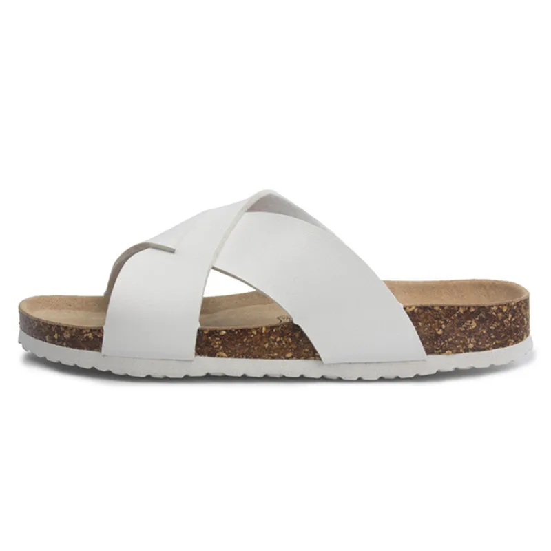 Sandálias masculinas casuais de cortiça de praia, sapato de deslizamento em slides, sandálias cruzadas, planas, plus size, 35-45, preto, branco, marrom, nova moda, verão