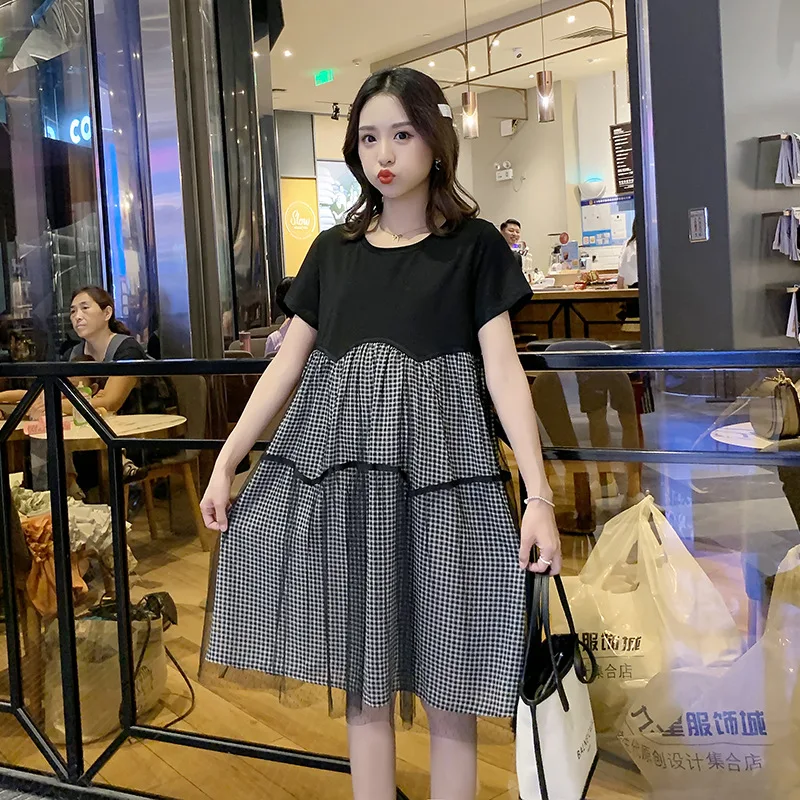 Summer 2021 Korean Version of Lattice Lace Mesh Stitching Fashion A Version of Pregnant Women's Hot Mom Dress Maternity Dresses