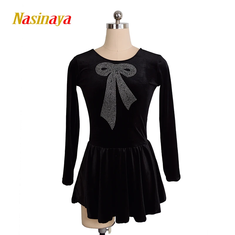 Figure Skating Costume Dress Ice Skating Skirt Black Velvet Bowknot stones for Girl Women Kids Customized size