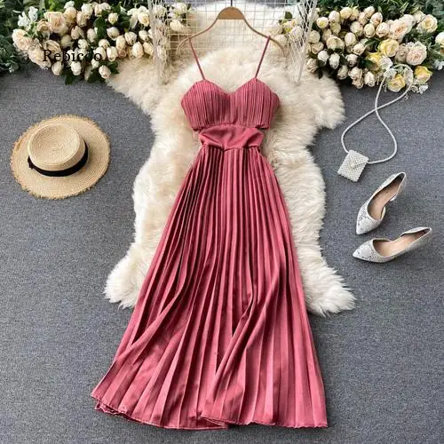 

Sexy Spaghetti Strap Women Dress Solid Elegant Hollow Out High Waist Pleated Vestidos Female Party Robe New