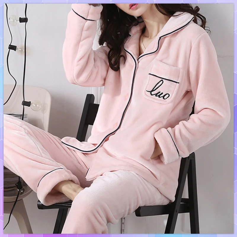 Winter Warm Women's Pajamas Set Velvet Pajama With Pants Female Flannel Home Wear Clothes Suit Long Sleeve Sleepwear For Girls