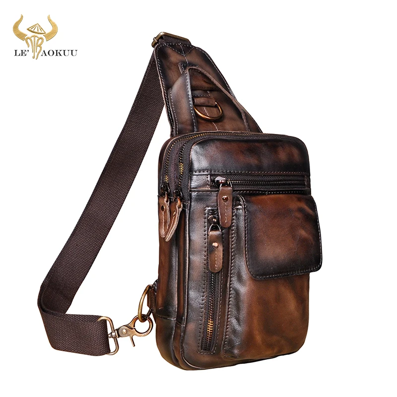 

Men Genuine Cow Leather Fashion Coffee Sling Chest Bag Design Travel Triangle Cross-body Bag Daypack 8" Tablet Tea Male B574