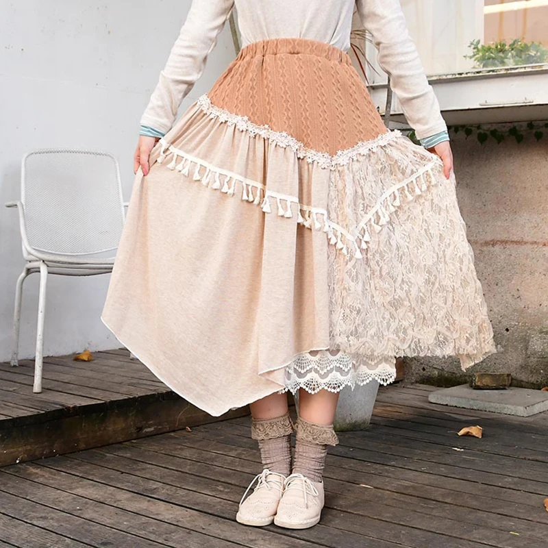 Spring Mori Girl Japanese Sweet Vintage Skirt Women Clothing Lace Patchwork Irregular Mid Calf Length Female Kawaii Skirts A296