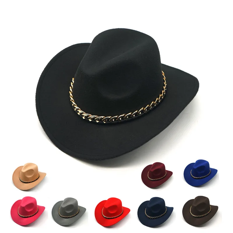 Western Cowboy Hat with Gold Chain, European and American Masquerade, Jazz Hats, Upper Curling Brim Eave, Outdoor Caps, Fashion