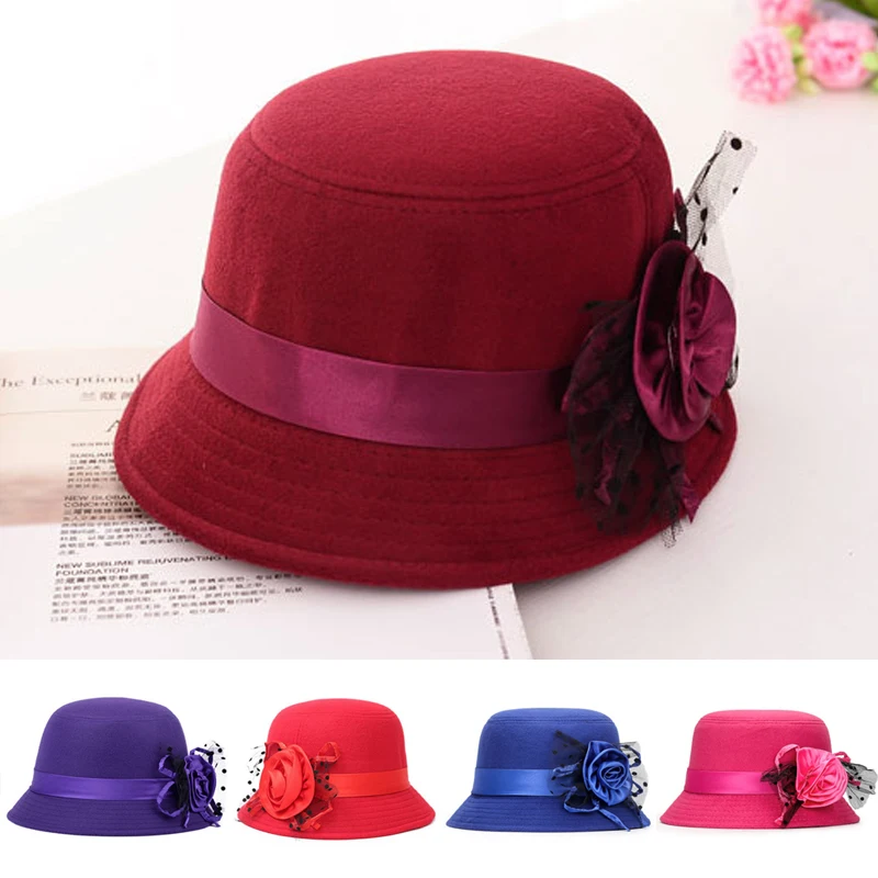 Fall Winter Cloche Bucket Floral Cap Elegant Ladies Women Imitation Wool Rose Flower Felt Hat Dome Warm Ladies Bowler