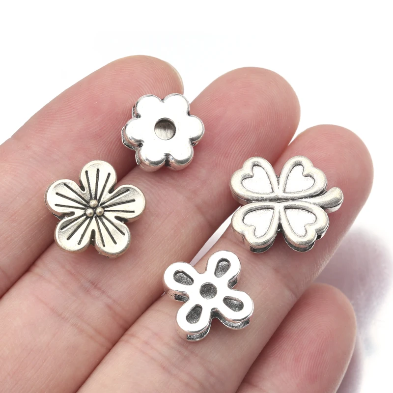 10Pcs Tibetan Silver Lucky Clover Flower Loose Spacer Beads For 10mm Flat Leather Cord Diy Bracelet Jewelry Making Accessories