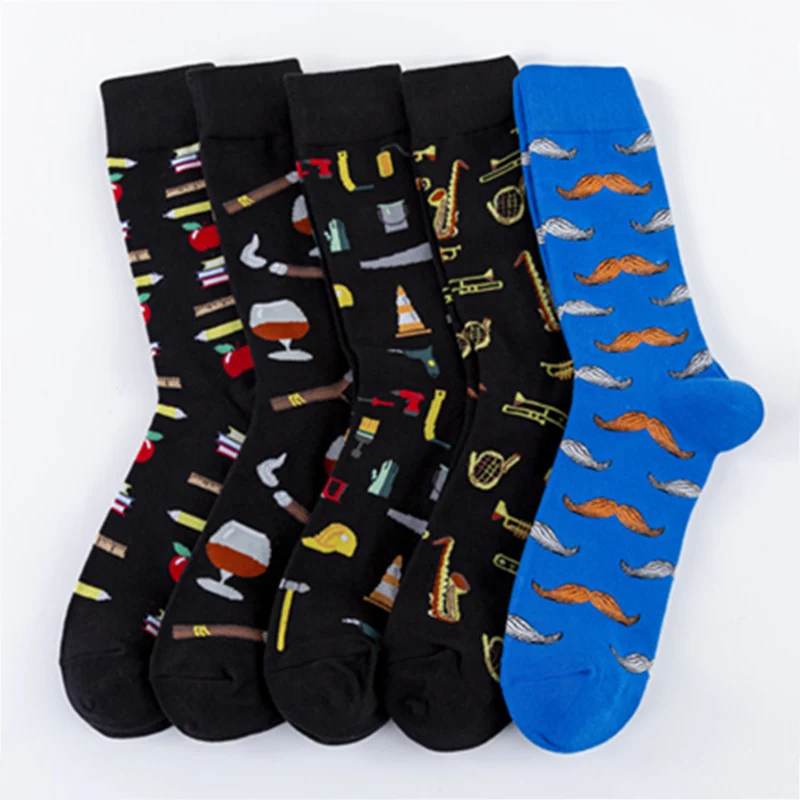 Autumn Winter Cool Art Crew Funny Toolkit Wine Musical Instruments Beard Street Stock Men Antiskid Breathable Casual Socks