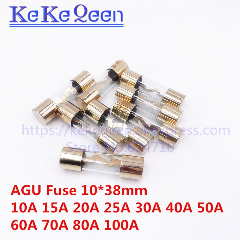 5Pcs/lot 10*38MM Gold Plated Glass AGU 5AU 10*38 Fuse Pack Car Audio Amp Amplifier 10A 15A 20A 25A 30A 40A 50A 60A 70A 80A 100A