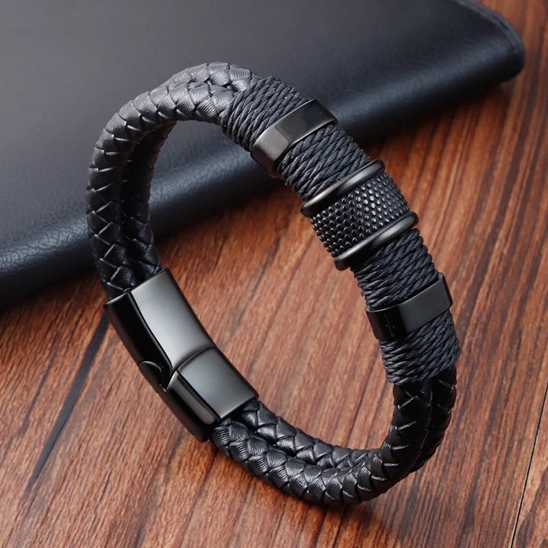 Woven Leather Rope Wrapping Special Style Classic Stainless Steel Men's Leather Bracelet Double-layer Design DIY Customization