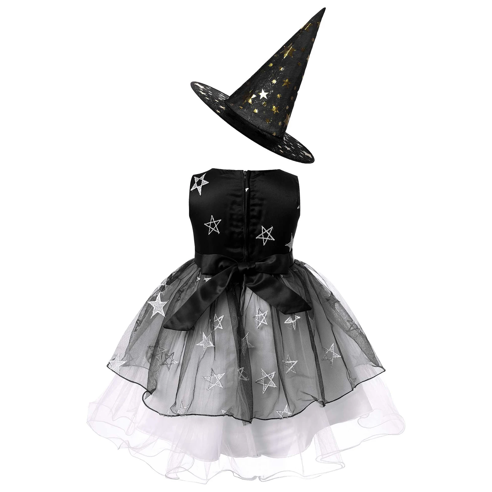 Kids Girls Witch Tutu Dress Shiny Sequin Halloween Princess Fairy Tulle Dance Wear with Witch Hat