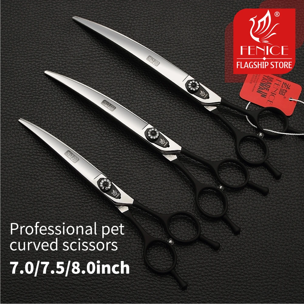 Fenice Professional Black Grooming Scissors, cisalhamento curvo para Teddy, Pomeranian Dogs, Pet Grooming Tools, JP 440C, 7.0 7.5 8.0\