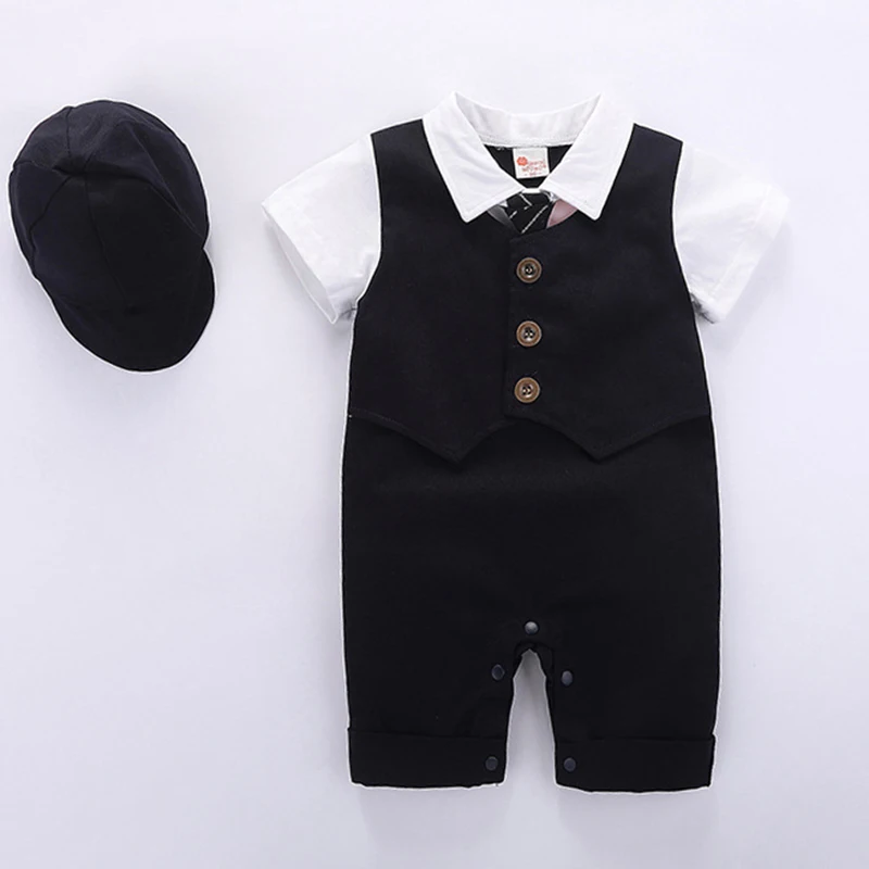 Baby Boy Clothes Roupa Infantil Romper Cotton Gentleman Baptism Rompers + Hat 2pcs Newborn Clothes Set Uniforms Baby Body Suits