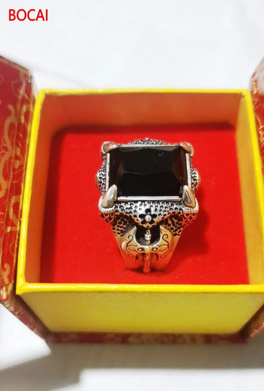 

Real 925 sterling silver jewelry axe dragon claw set garnet black agate domineering men's ring