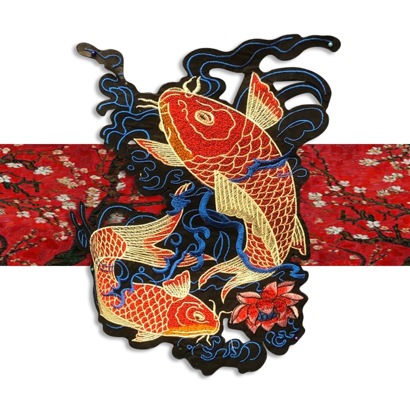 Orange Japanese Koi Fish Embroidery Large Back Patches Appliques for Clothing Iron on Cool Beautiful Auspicious Symbol Art Logo