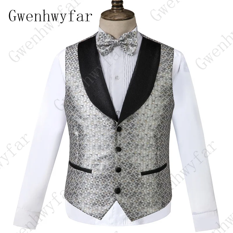 Gwenhwyfar Men's Scale Pattern Jacquard Suits Wedding Prom 3 Piece Suit (Jacket+Vest+Pants) Stage Singer Performance Costume