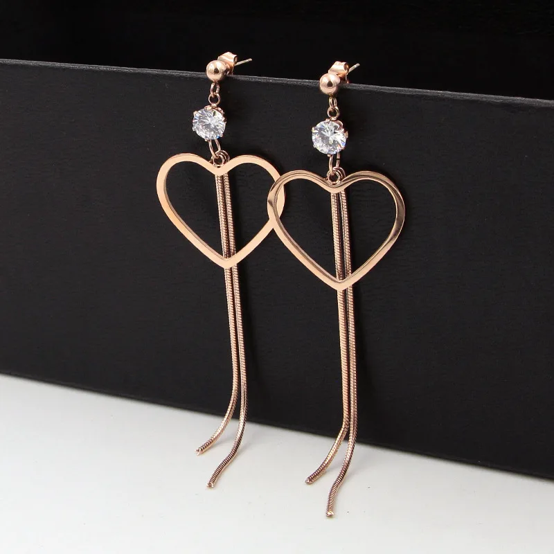 ME-067 Fashionable Rose Gold Snake Bone Chain Tassel Earrings Six Claw Crystal Heart Design Women's Jewellery Gifts