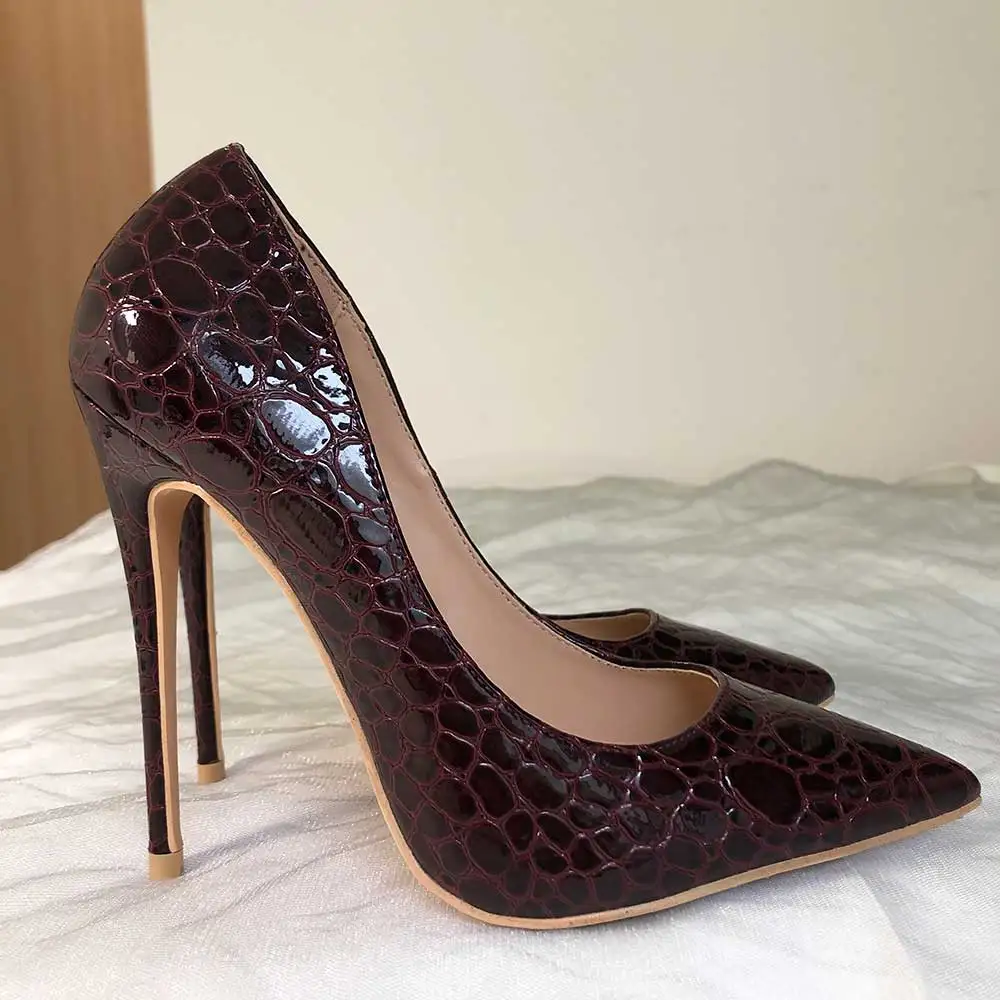 Tikicup Women Burgundy Crocodile-Effect Pointed Toe Stiletto Pumps Wine Red Slip On Extremely High Heels for Sexy Ladies 33-45