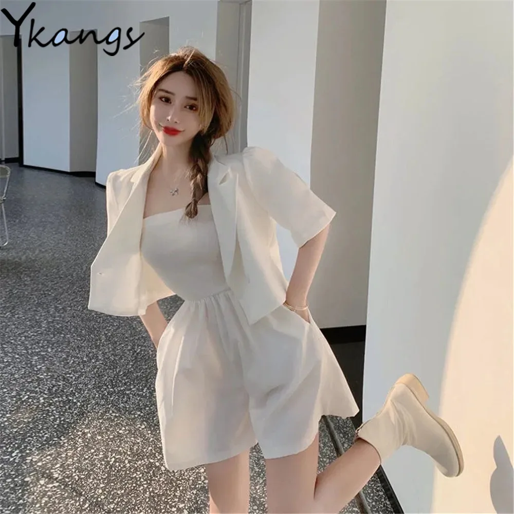 Korean Fashion Black Strapless Playsuit Casual Blazer Suits Solid White Jumpsuit Wide Leg Shorts Bodycon Strapless Overalls 2021