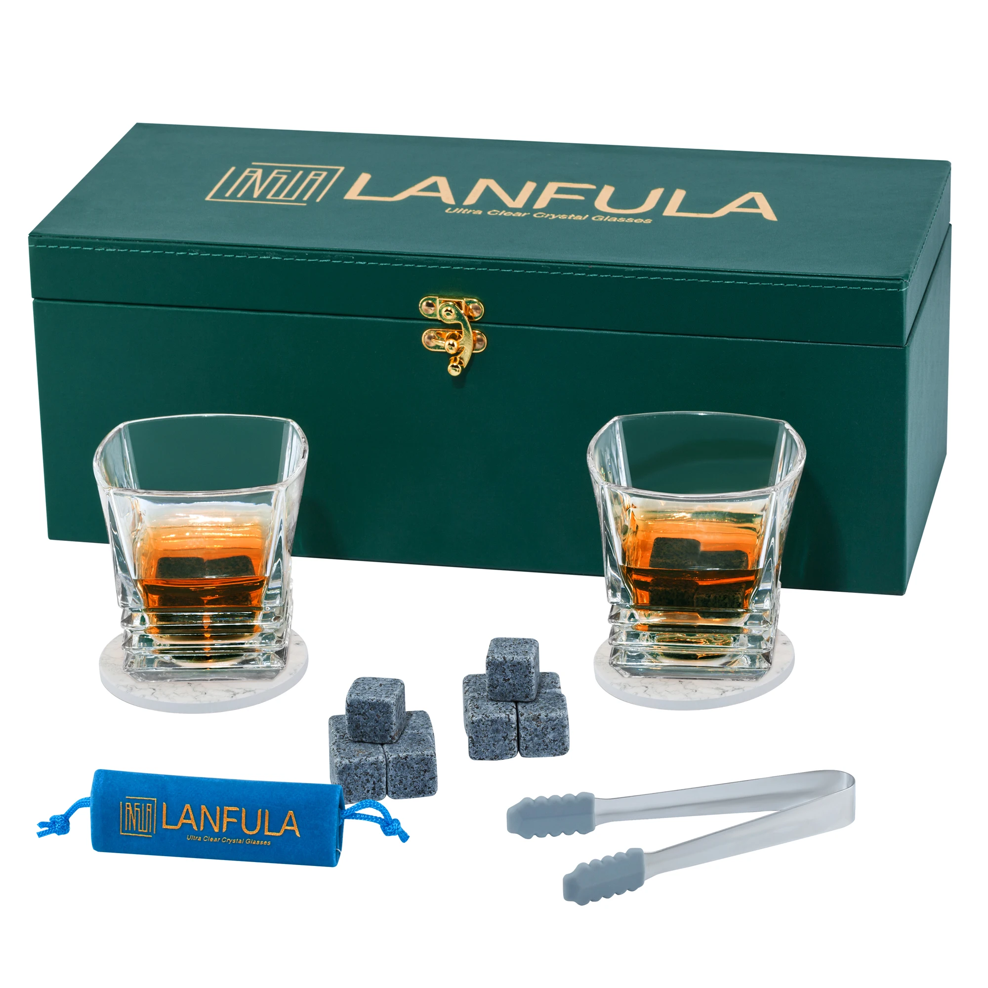 

Whiskey Glass and Stones Gift Set 2 Glasses+10 Granite Quick-freezing Rocks+2 Ceramic Coasters+Tongs+Velvet Pouch+Box