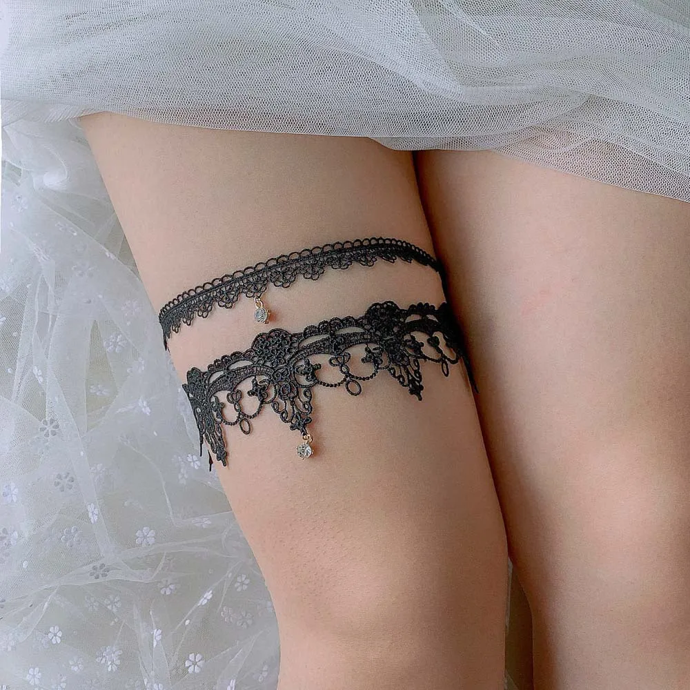 Sexy Rhinstones Bridal Garters Black Lace Beaded Wedding Bride Thigh Rings Leg Ring Loops For Women/Female Mariage Garter