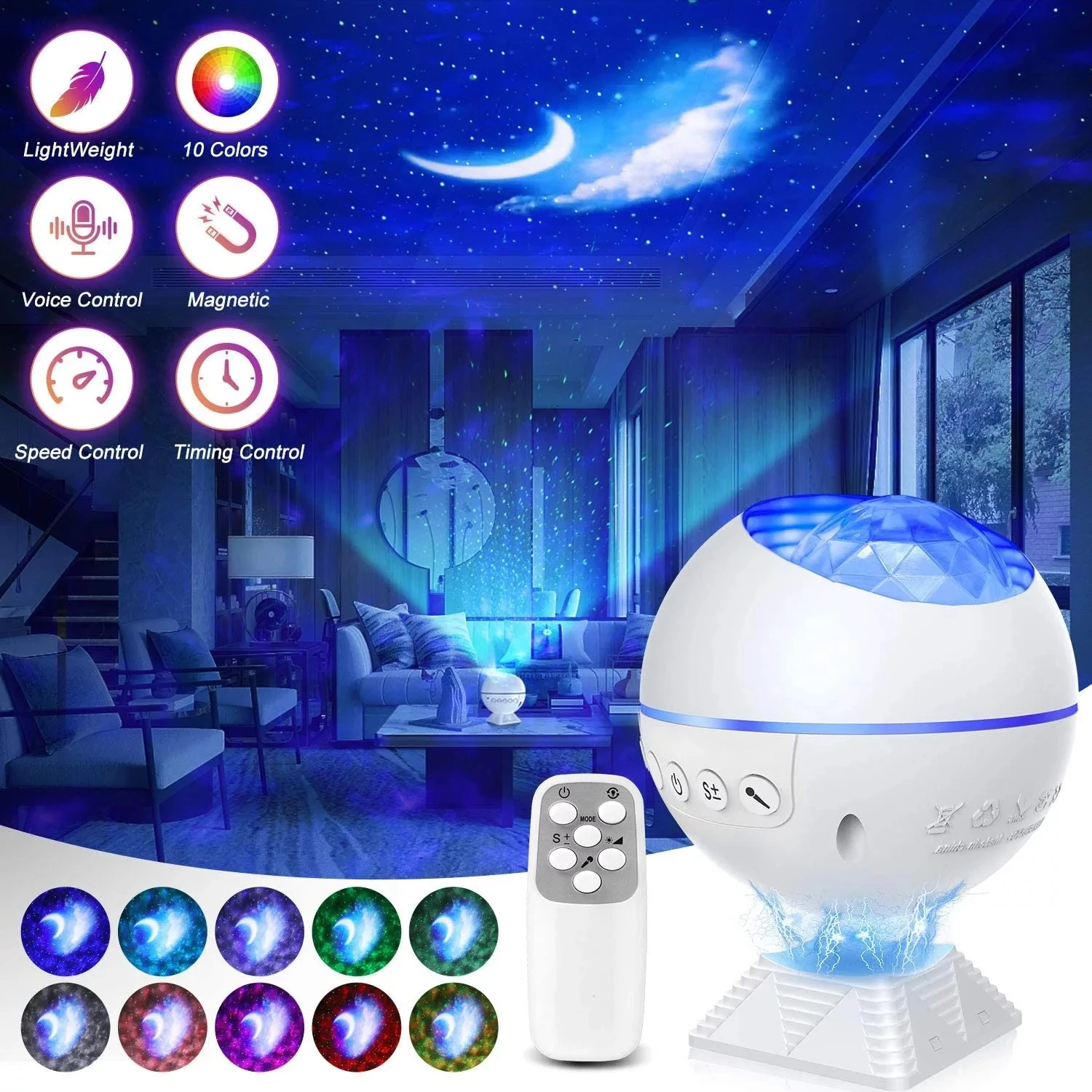 Projecteur galaxie vagues de l\'océan 3 en 1, veilleuse, étoile avec commande vocale à distance, nuage de nébuleuse, cadeau pour enfant et adulte