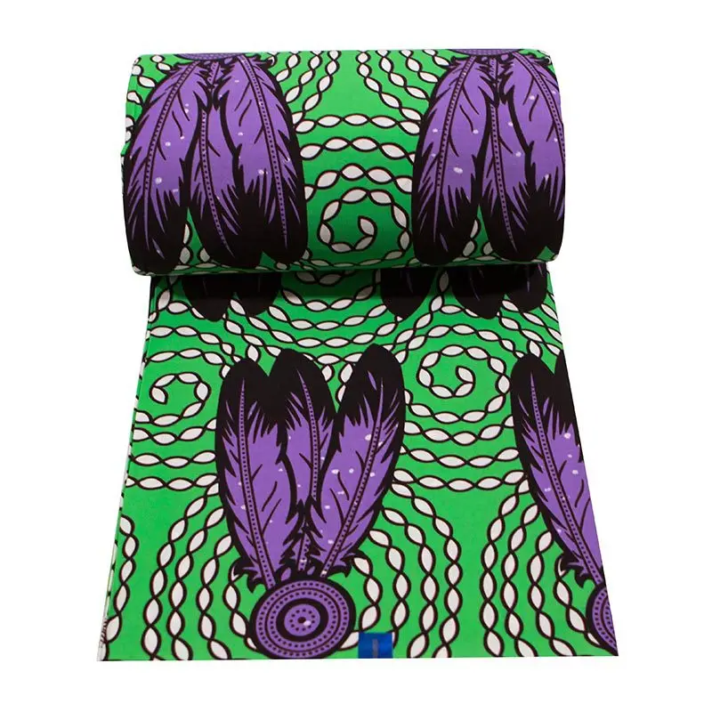 2019 nuovi arrivi moda tessuto africano 100% cotone viola piuma stampa tessuto verde africano vero Ankara