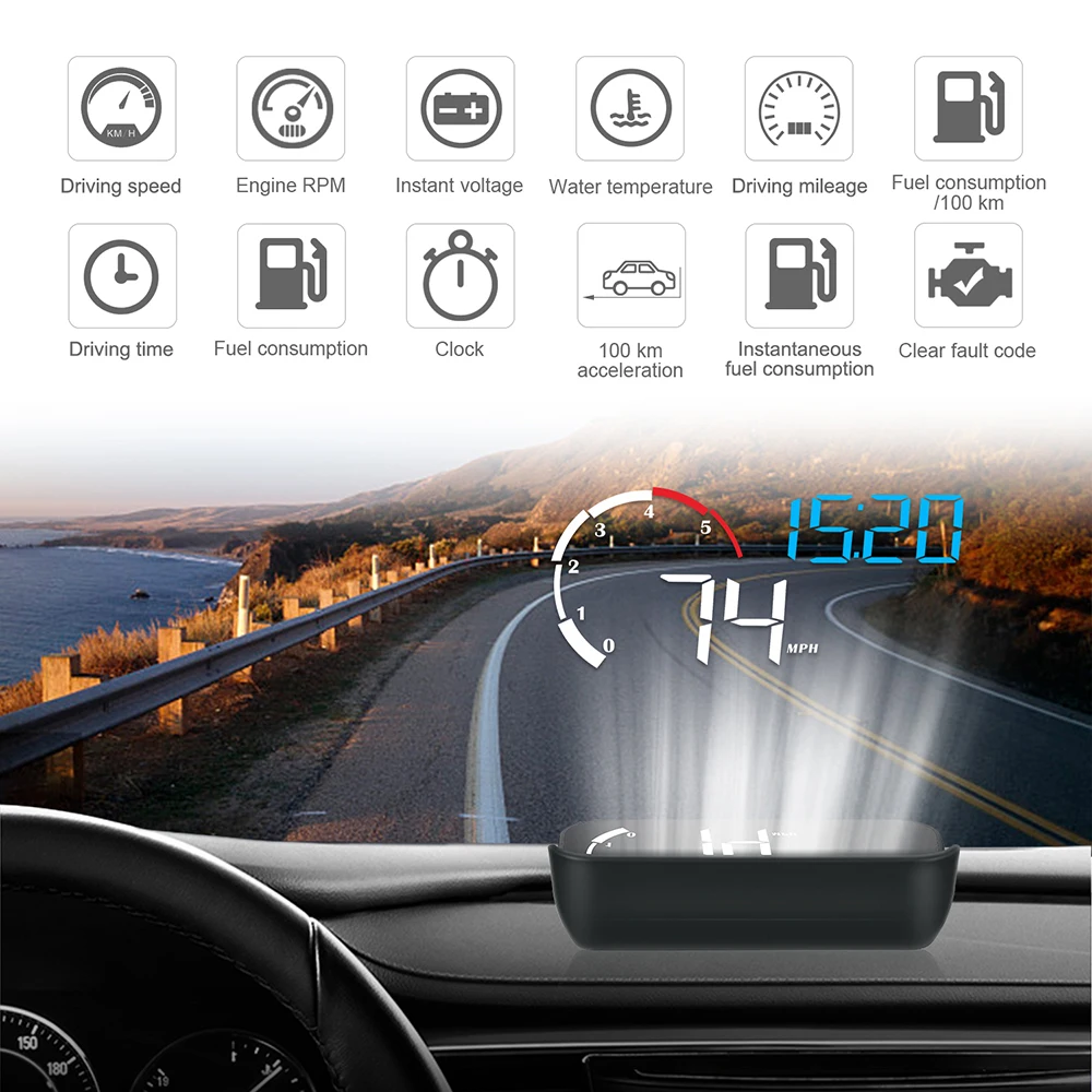 Universal Intelligent Alarm System Car HUD Display OBD2 Overspeed Warning M10 A100 Windshield Projector