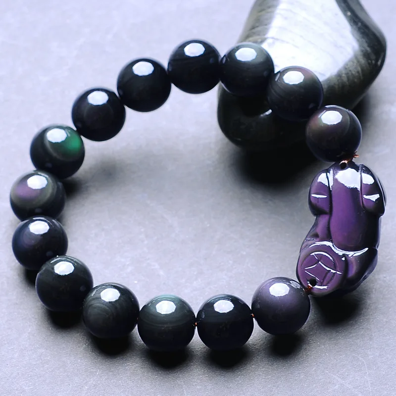 Black Natural Obsidian Stone Beaded Bracelets Fengshui Rainbow Pixiu Wristband Crystal Bracelet For Men Women Jewelry