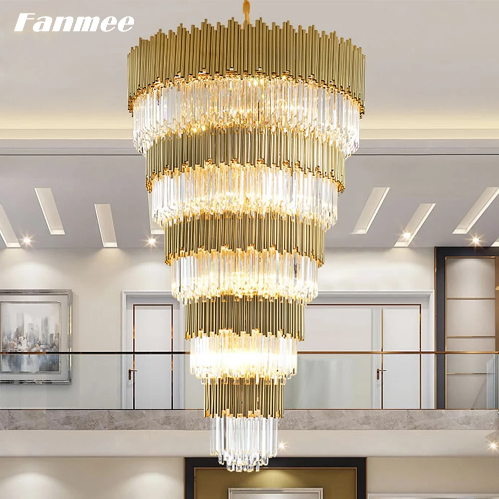 Clear Crystal Modern Luxury Chandelier Light LED Contemporary Large 10 Tiers Tall Hanging Lamp Art Deco Living Room Hotel Hall