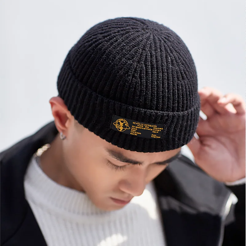 Autumn Knitted Hats Women Black Beanie Hat Men's Hip Hop Skullcap Thick Brimless Baggy Melon Cap Unisex Winter Solid Cap