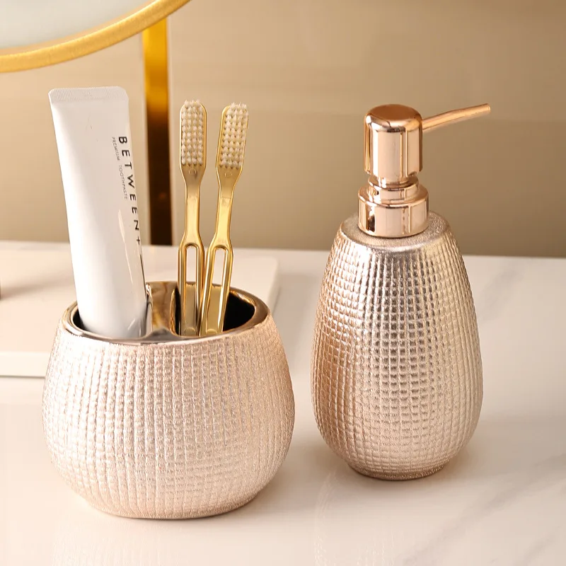 Rose Gold Ceramic Toiletry Set Toothbrush Holder Gargle Cup Bathroom Accessories Lotion Bottle Soap Dish Hotel Home Bathroom Set