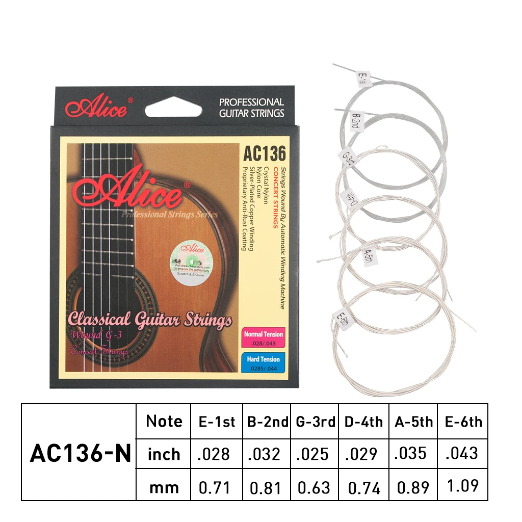 

6 Strings 1 Set of Alice AC136-N/H Classical Guitar Crystal Nylon Silver-Plated Copper Wound