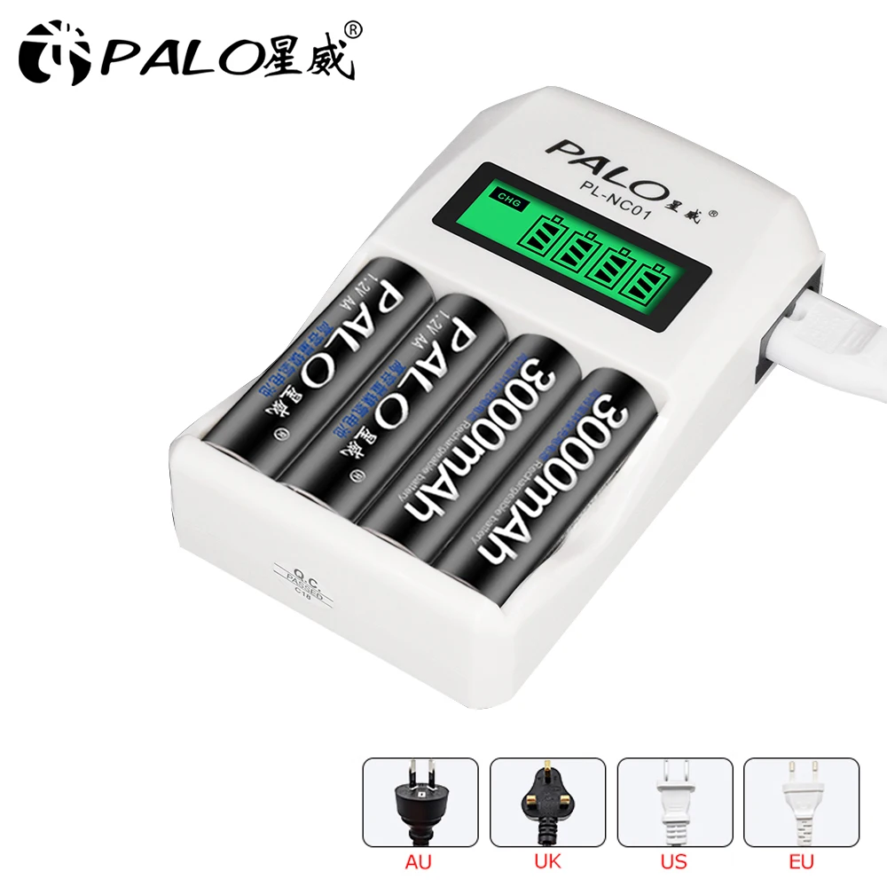 PALO 백색 LCD 디스플레이 1.2V AA / AAA NiCd & NiMh 재충전 전지를위한 4 개의 구멍을 가진 똑똑한 지적인 건전지 충전기