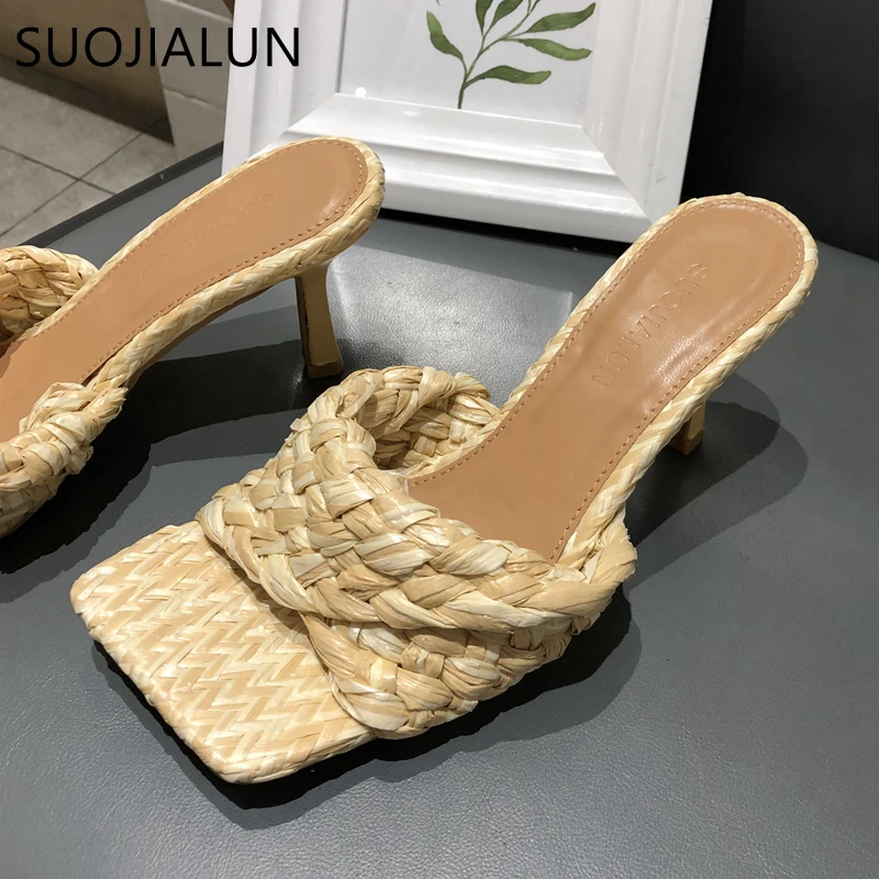 SUOJIALUN 2021 Fashion Brand Weave Women Slipper New Summer Ladies Slides Square Open Toe High Heel Mules Slip On  Sandal Shoes