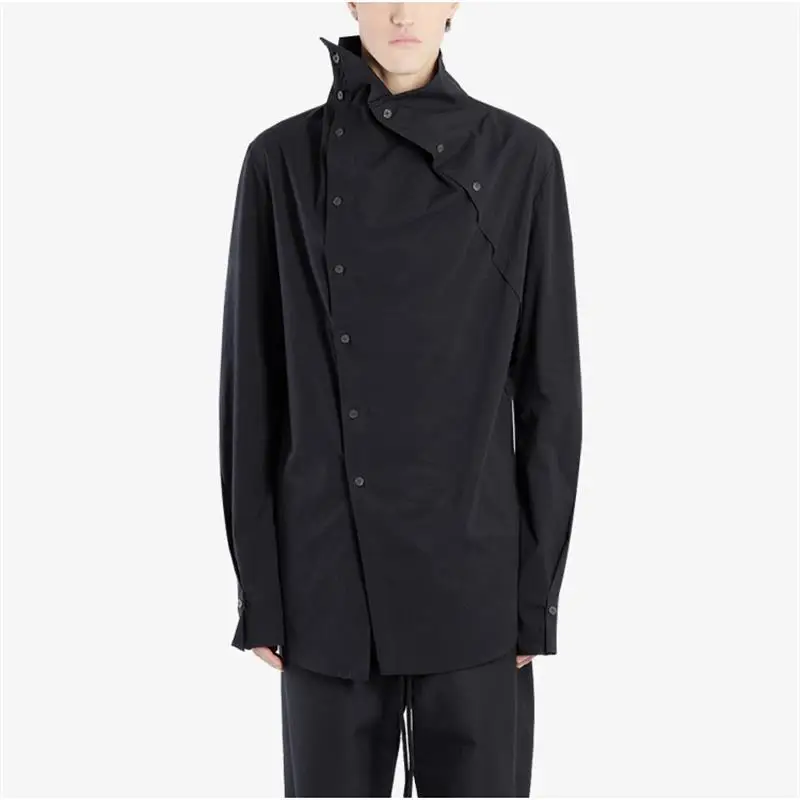 Men's Long Sleeve Shirt Spring And Autumn Black Double Breasted Shirt With Irregular High Collar And Sloping Front