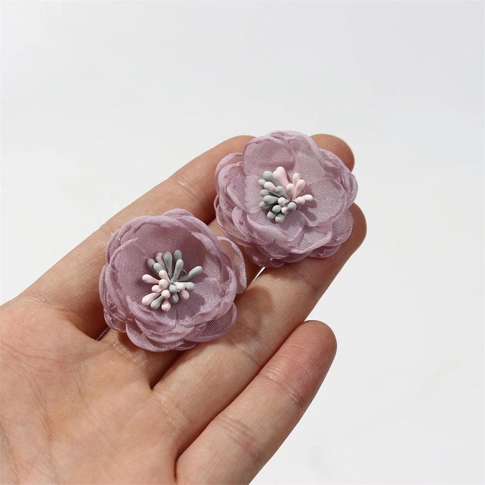 10PCS 3cm Mini Appliques di fiori di ciliegio in Chiffon morbido cucito per fascia fiori in tessuto rosa per accessori per forcine artigianali