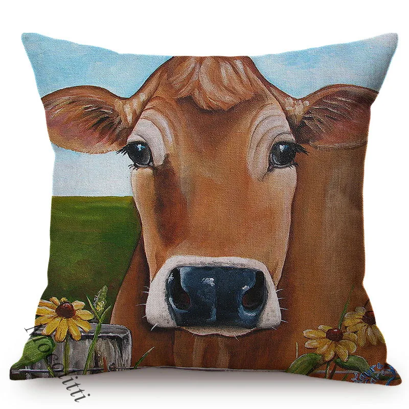 Nordic Cartoon Style Throw Pillow Case, Car Chair Square Cushion Cover, Farm, Cow, Garden, Sunflower, Sofa Decoration