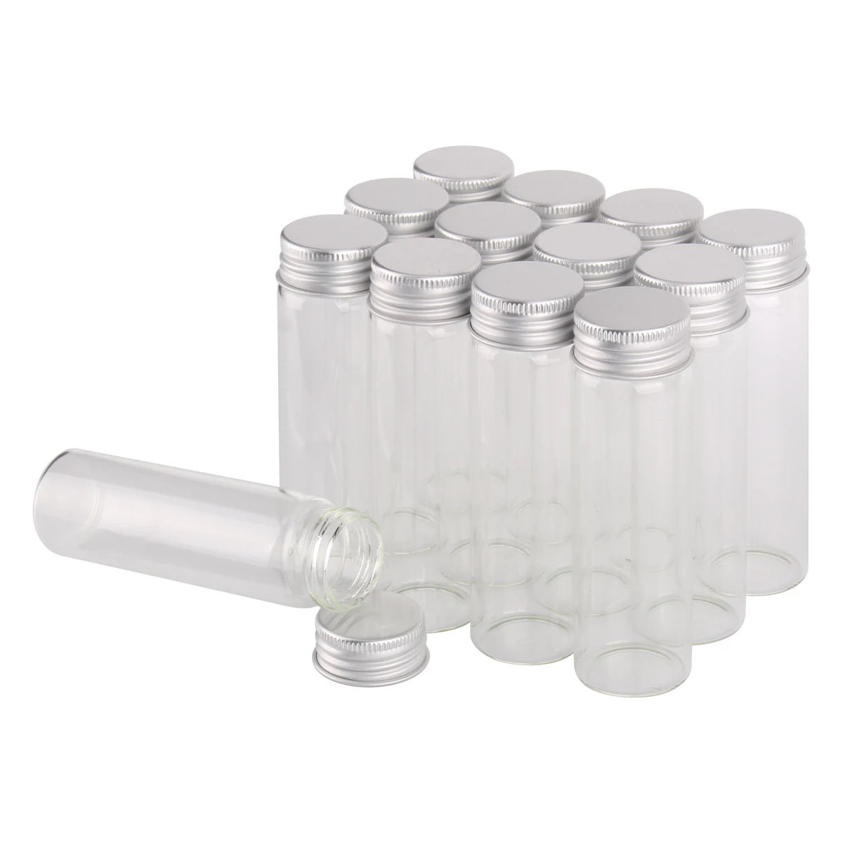 

12 pieces 50ml Glass Candy Bottles Jars with Aluminum Top Lids Empty Spice Pill Container 30*100mm for Wedding Favors