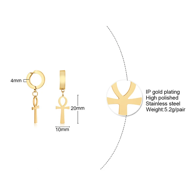 Gold Color Ankh Cross Earrings Men Stainless Steel Egyptian Cross Jewelry Women Egypt Hieroglyphs Crux Jewelry