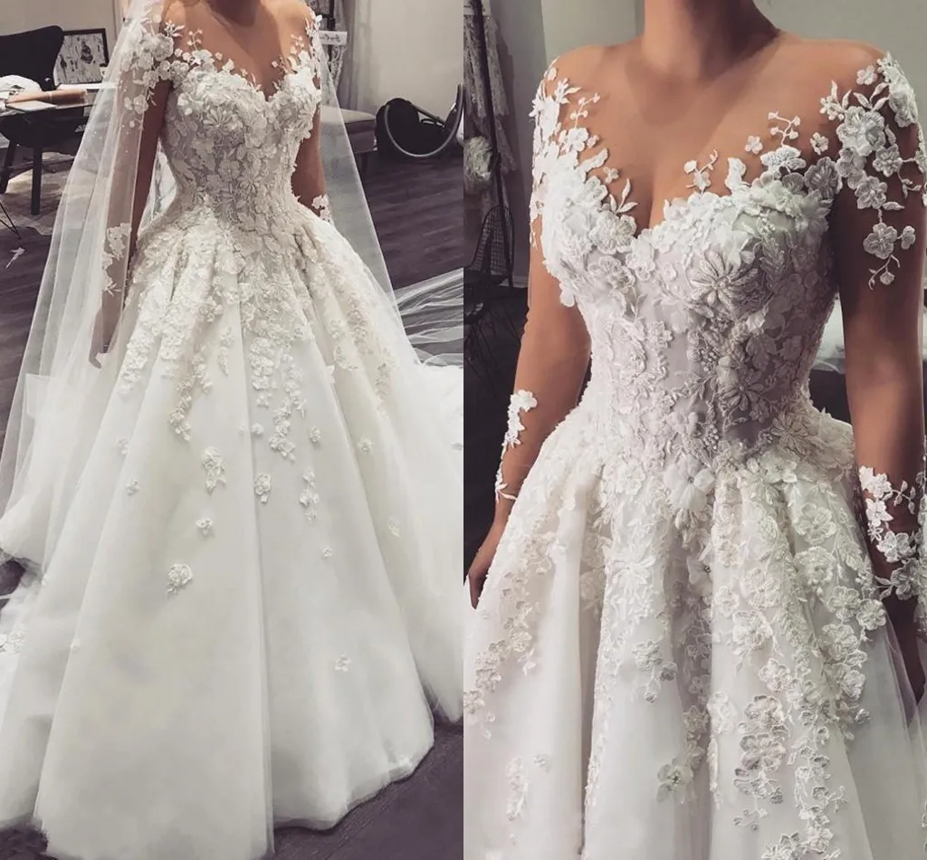 Luxury Arabic Illusion Long Sleevs Wedding Dress 2025 Princess 3D Flowers Robe De Mariee Beaded Appliques Bridal Gowns Customize