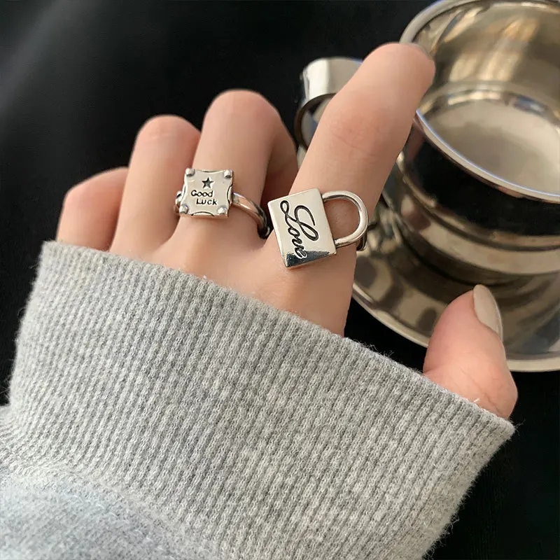 LIVVY Silver Color New Trendy Simple Ring for Women Fashion Creative Letter Square Lock Ring Birthday Party Jewelry Gift