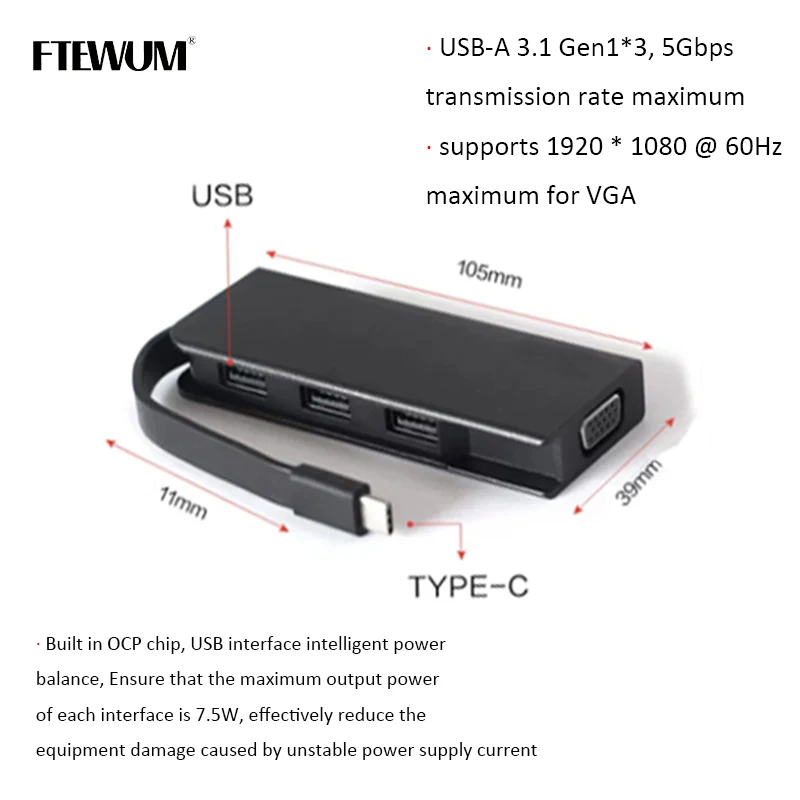 

USB C 4-in-1 Hub Type C Hub to VGA Adapter Docking Station USB 3.1 for Lenovo ThinkPad T14 X13 X390 for MacBook Pro Accessories