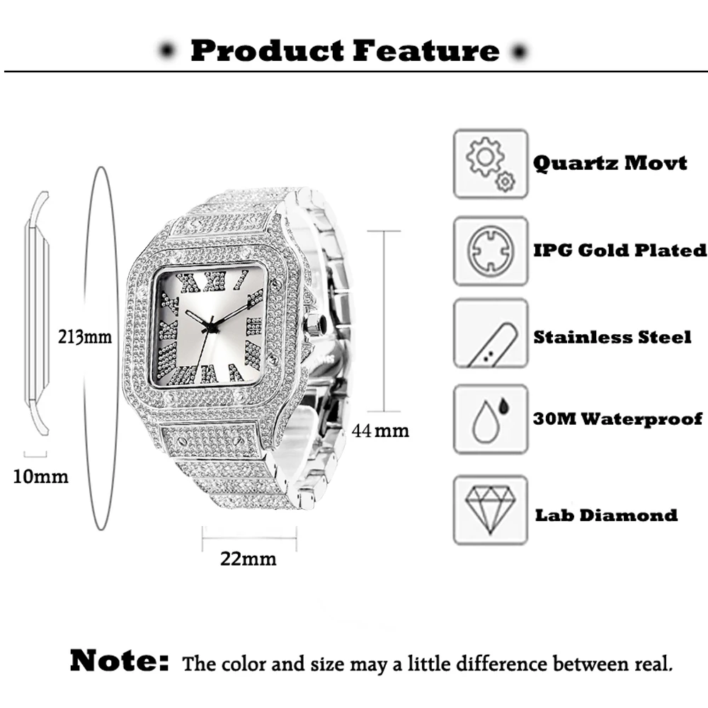 Full Bling Iced Out Watch for Men Hip Hop Rapper Quartz Mens Watches Wristwatch Clasic Square Case Diamond Reloj Hombre Dropship