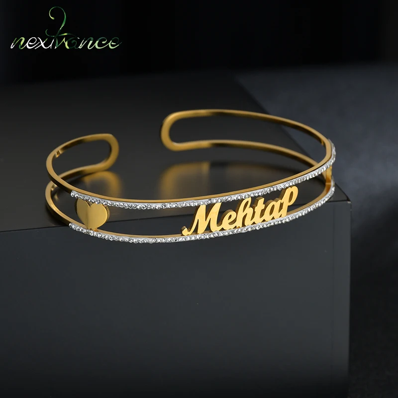 Nextvance Customized Nameplate Name Bracelet Trendy Stainless Steel Zircon Personalized Custom Cuff Bangles Women Jewelry Gift