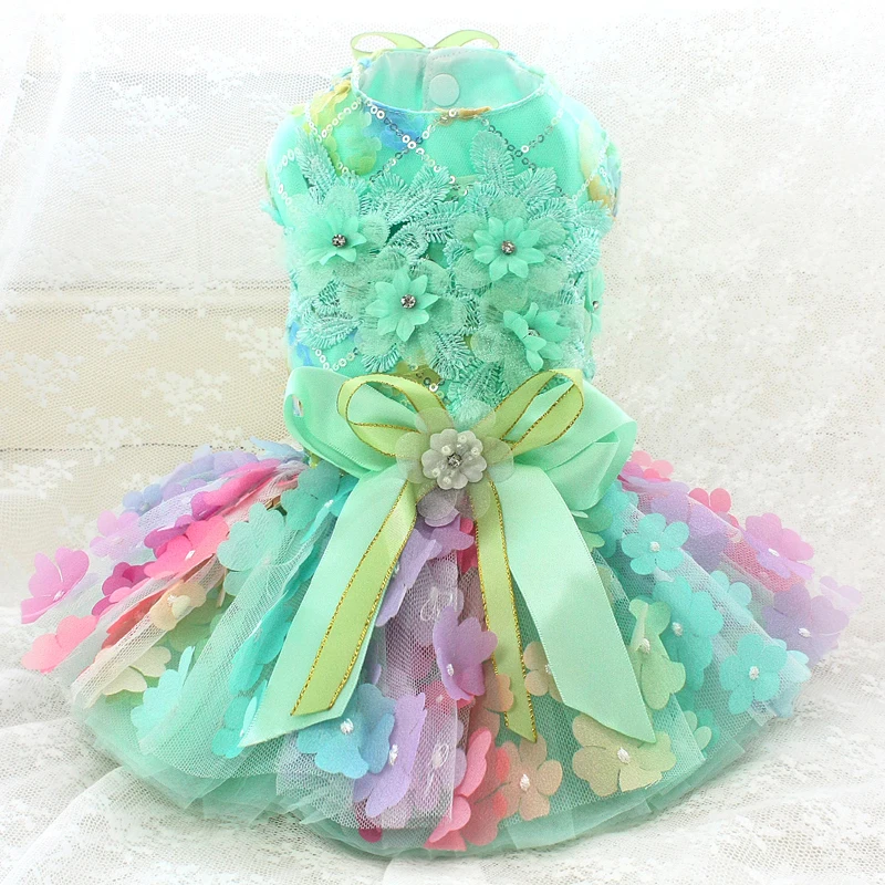 Free Shipping Handmade Dog Clothes Pet Dress Cat Princess Gown Gorgeous Rainbow Gradient Color 3D Flower More Layers Tulle Skirt