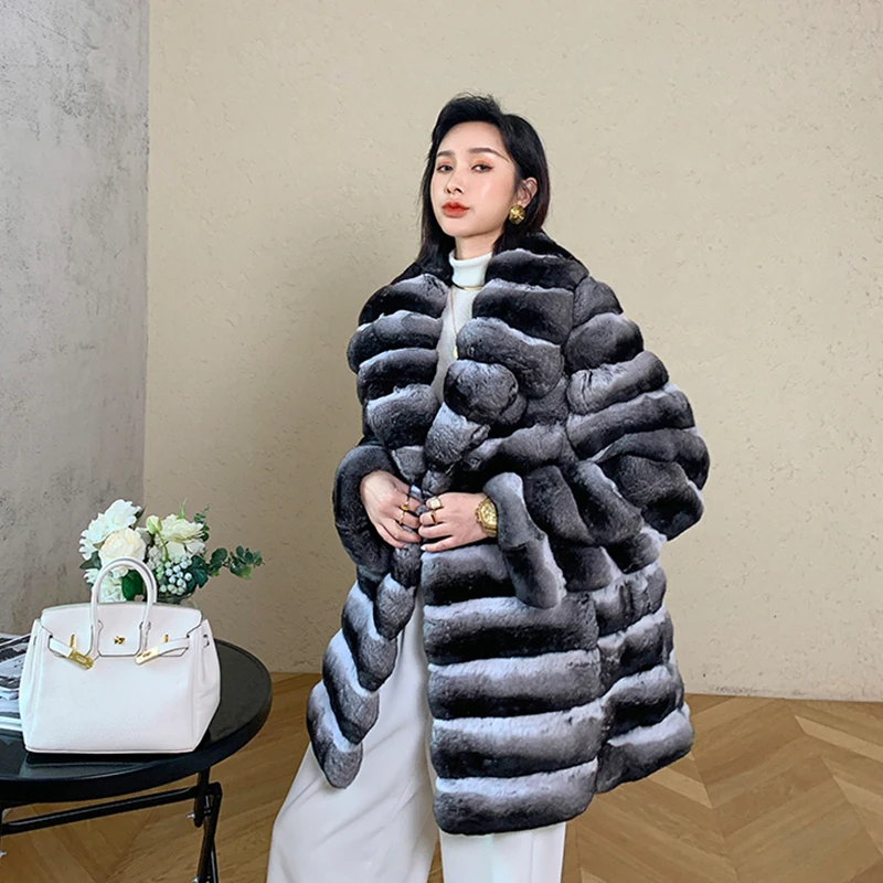 Ftangaiur Winter Import Cyan Blau Chinchilla Mantel Umlegekragen Medium Frauen Gehobene Natürliche Farbe Chinchilla Pelzmäntel