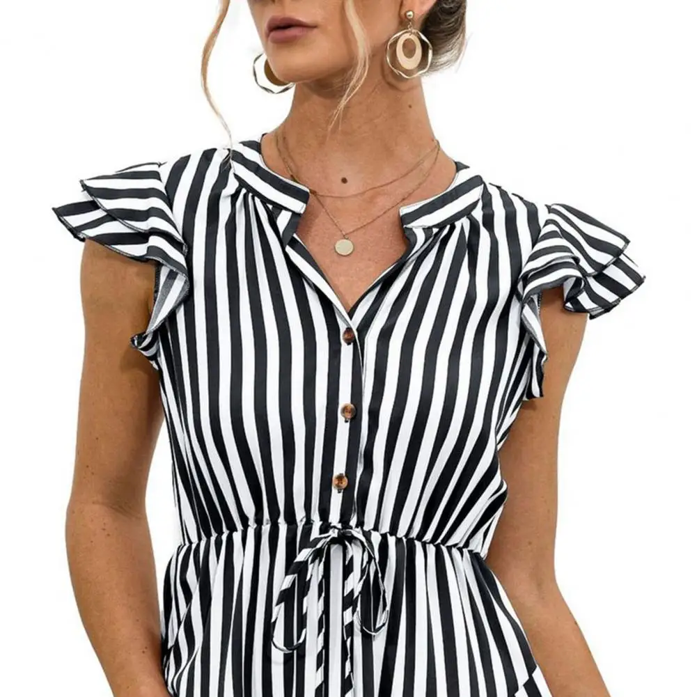 Summer Female Shirt Dress Half Placket Stripe Flying Sleeve V Neck Lace-up Waist Tied Mini Dresses for Women 2021