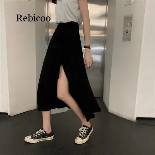 

Korean Style Vintage Retro Skirts Womens 2020 Highstreet Modern Split Side Frosty Style Long Skirt A Line High Waist Black Skirt