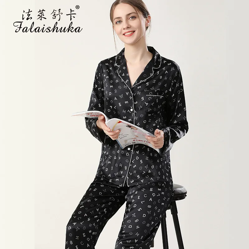 

19 momme 100% silk Elegant black pajamas sets women long sleeve spring pyjamas women Noble silk sleepwear T8267